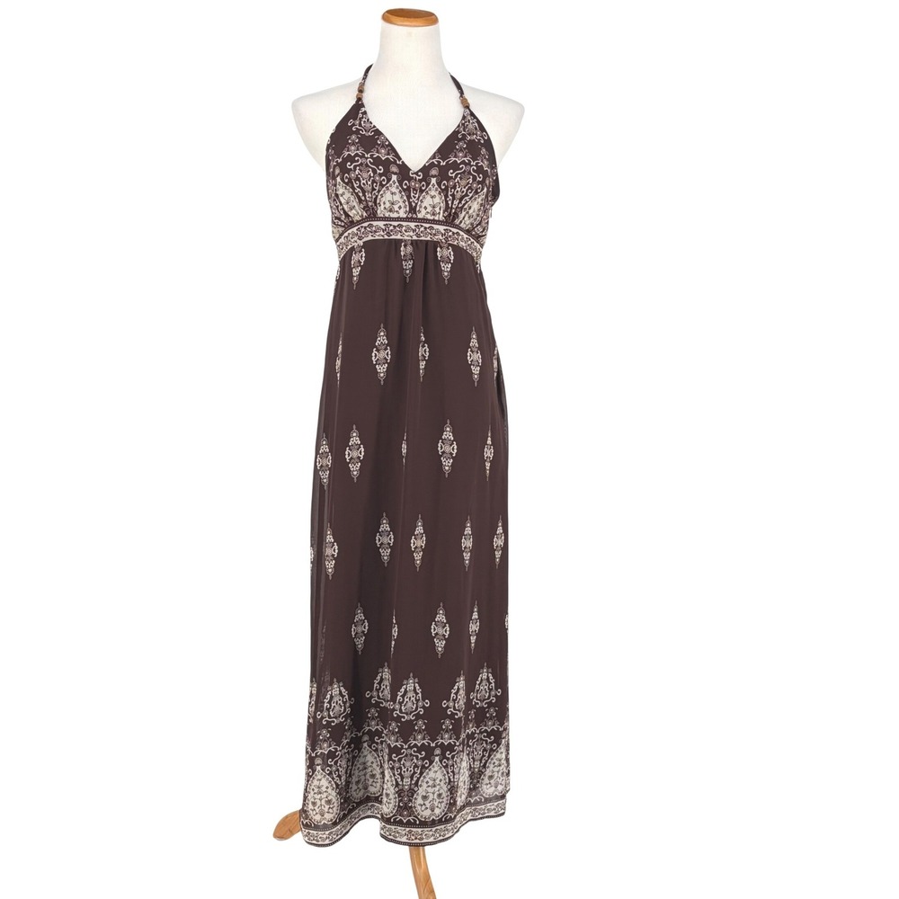 Scarlett Halter Maxi Dress Brown Paisley Medallion Boho Wood Bead Size 6